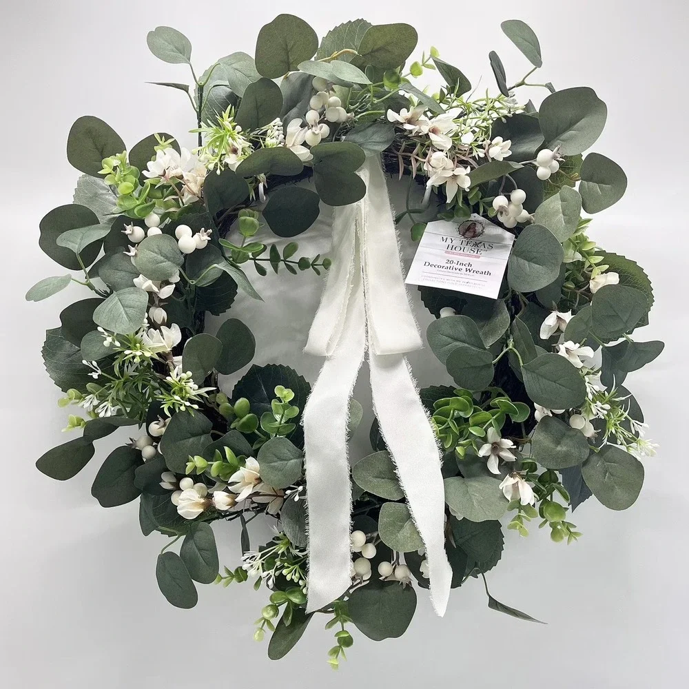 My Texas House Decorative Wreath – Green White Ribbon Bow, Spring Easter